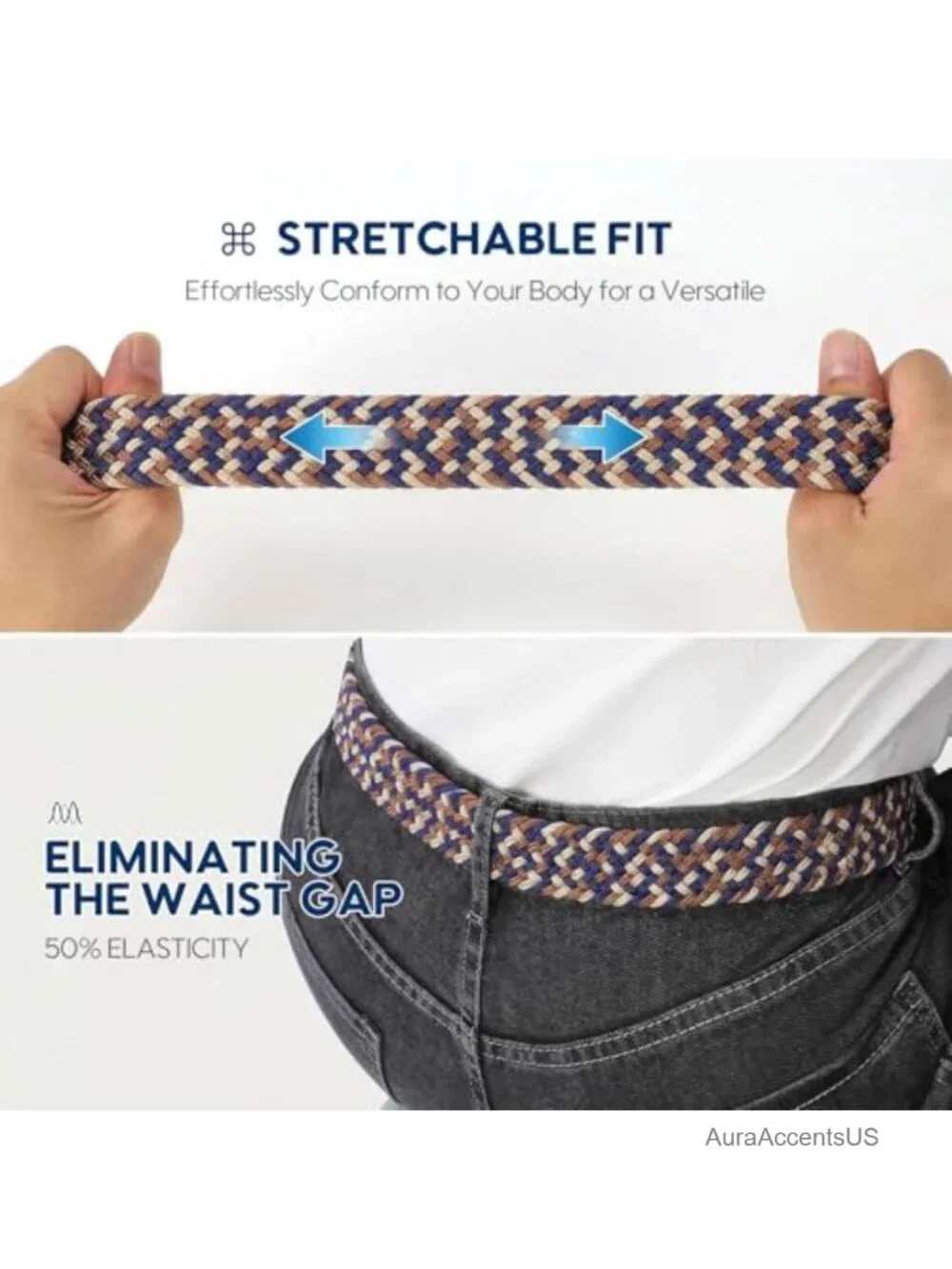 Men's Stretch Braided Belt Elastic Casual Golf Belt No Holes Adjustable 1.4